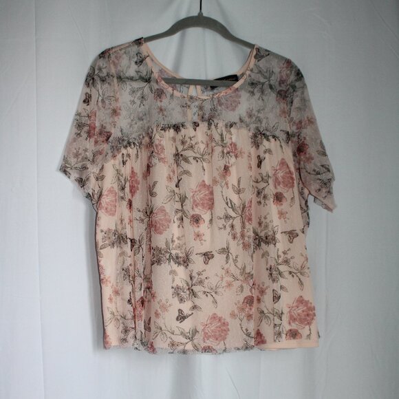 Almost Famous Light Pink Floral Butterfly Mesh Sheer Short Sleeve Blouse Large - Picture 1 of 11